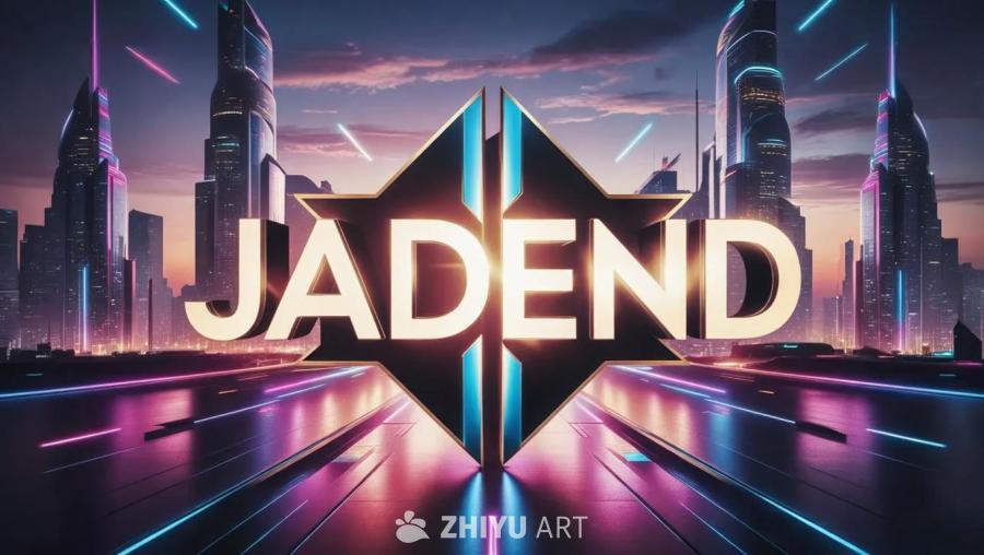 在黄昏时分的未来城市背景下，醒目的JadenD标志