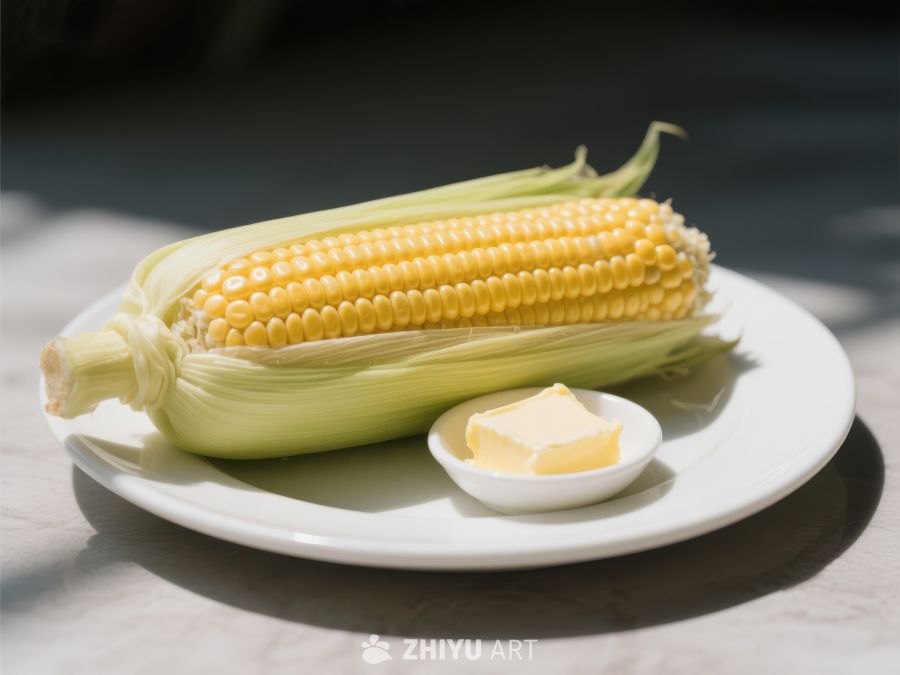 新鲜玉米配黄油，置于白色盘中 540