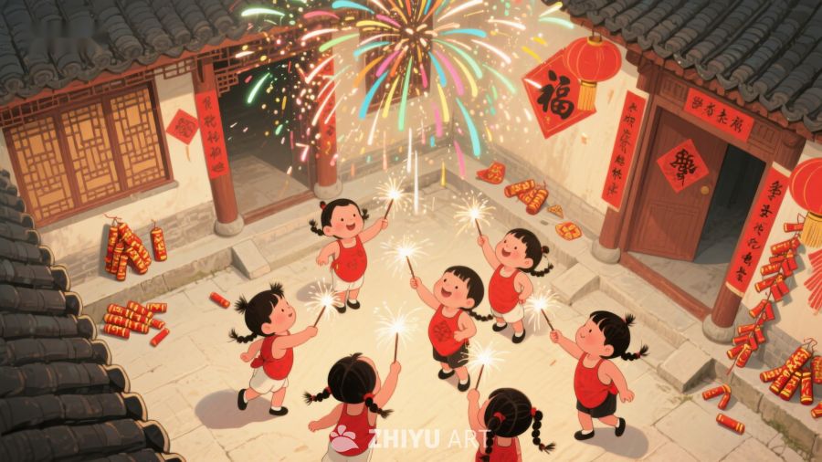 孩子们在传统庭院中燃放烟花 293