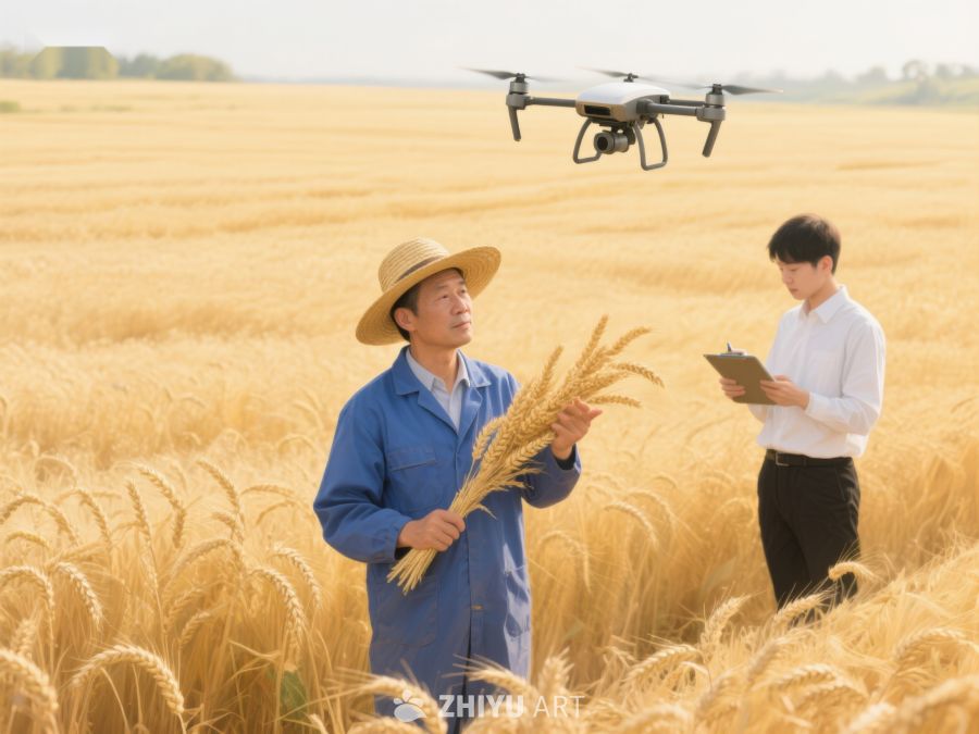 农民与技术人员在麦田中使用无人机 281