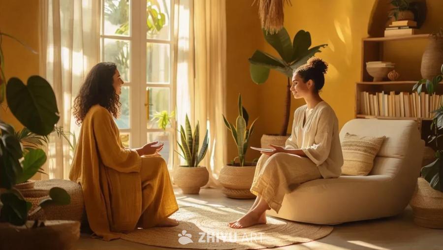 室内场景中，两个穿着宽松衣服的女性面对面坐着。其中