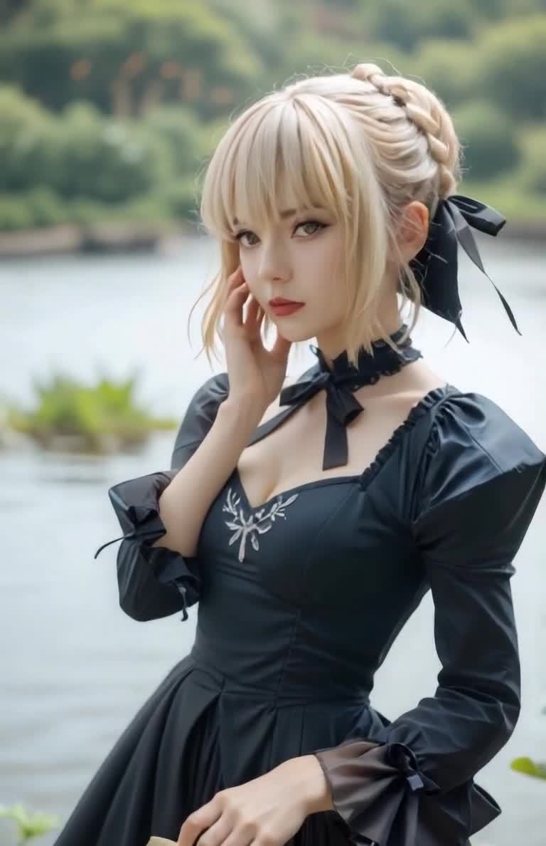一名年轻女子站在水边。她留着金色的刘海，头发在脑后