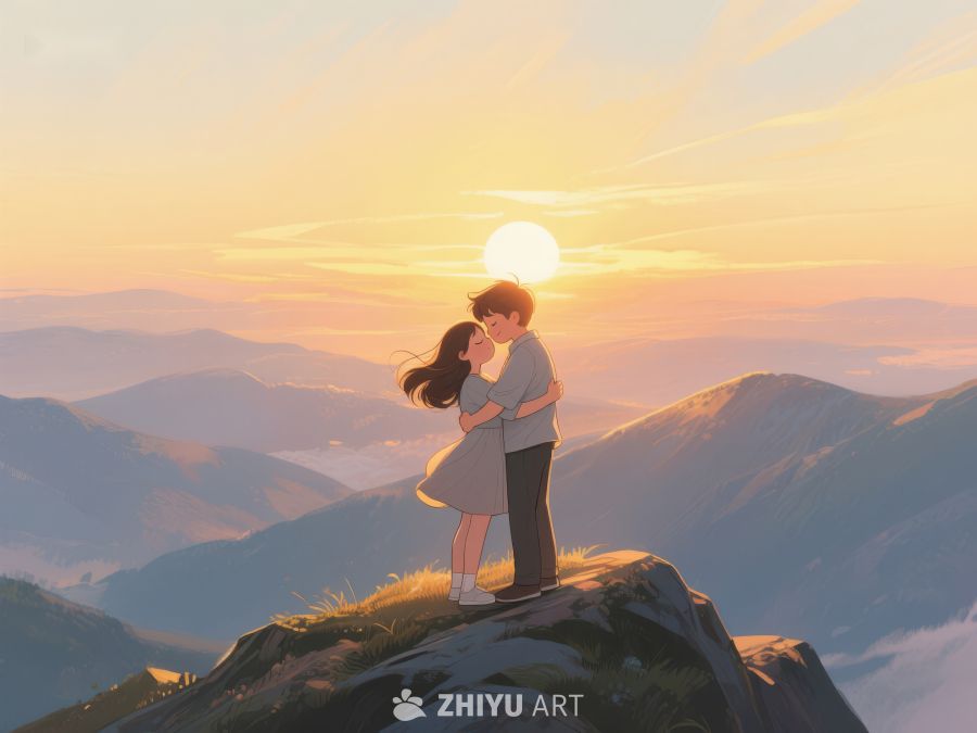 山顶日落下的情侣拥抱 632