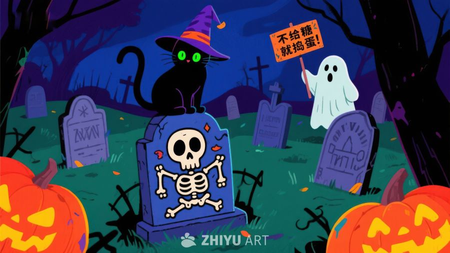 万圣节墓地场景：黑猫与幽灵