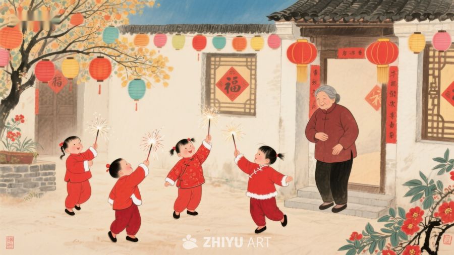 孩童欢庆春节，传统院落喜气洋洋 257