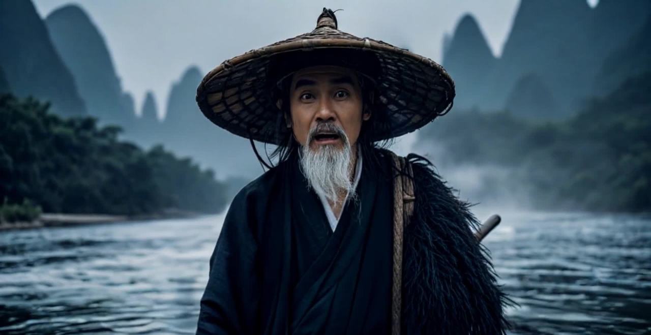 戴斗笠的灰发老人伸出手掌，指向远方山水。