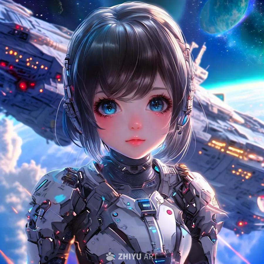 一个动漫风格的少女，她穿着高科技能量装甲，背景是太