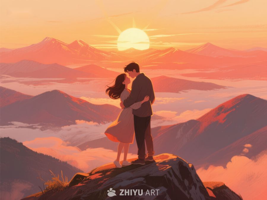 山顶情侣拥抱，夕阳映照山河 620