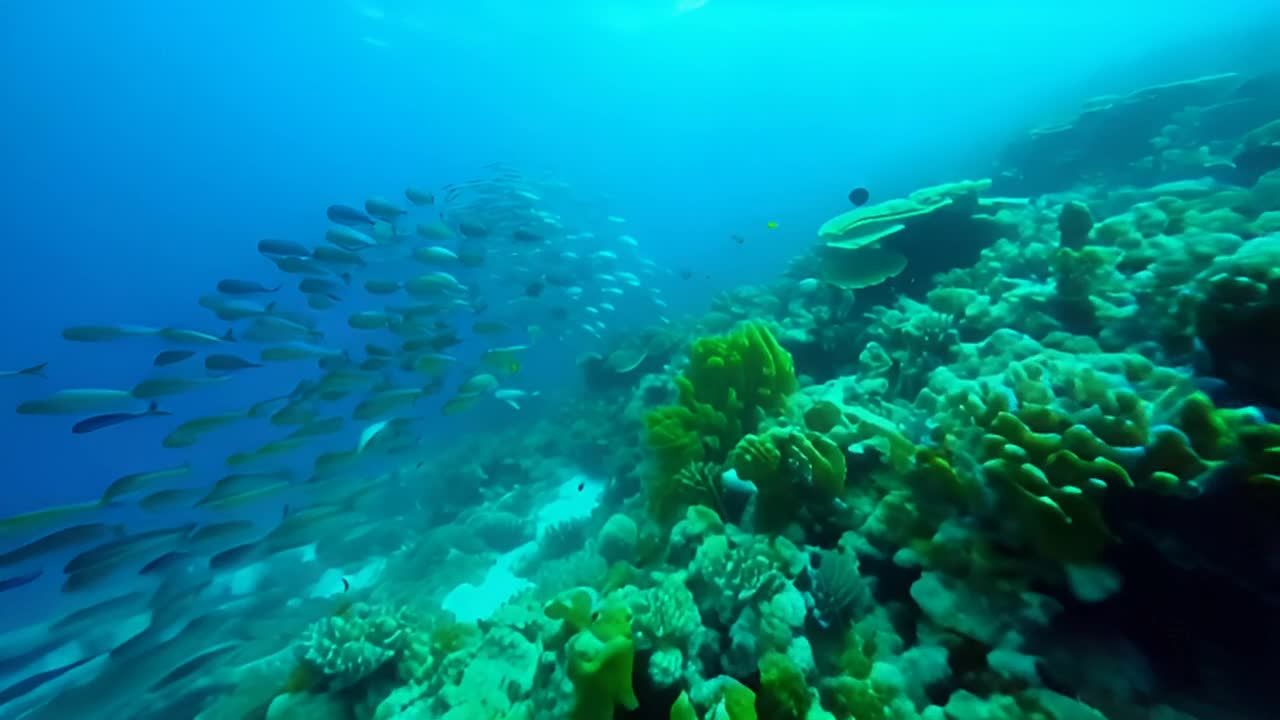 水下珊瑚礁区域有一群游动的彩色鱼类。珊瑚礁色彩斑斓