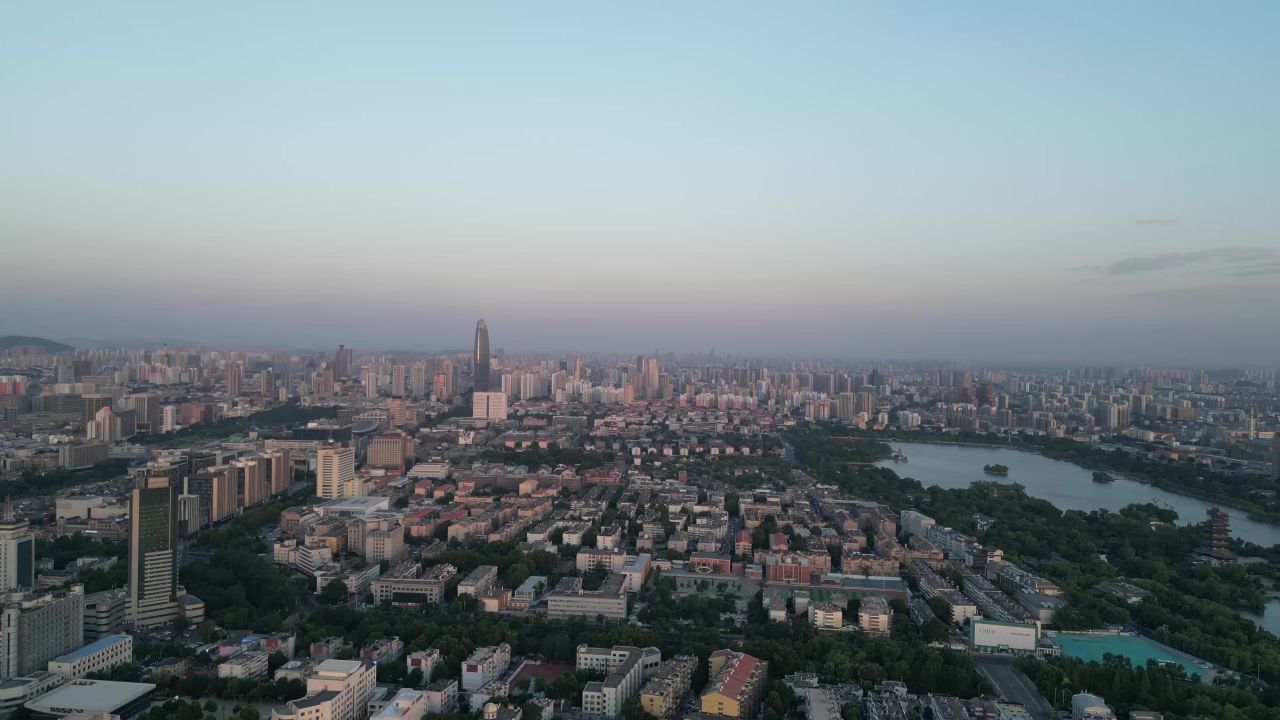 航拍山东济南城市建设济南清晨