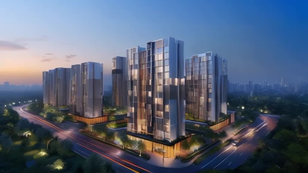 多栋高层建筑在傍晚时分呈现，建筑外墙以灰色和白色为