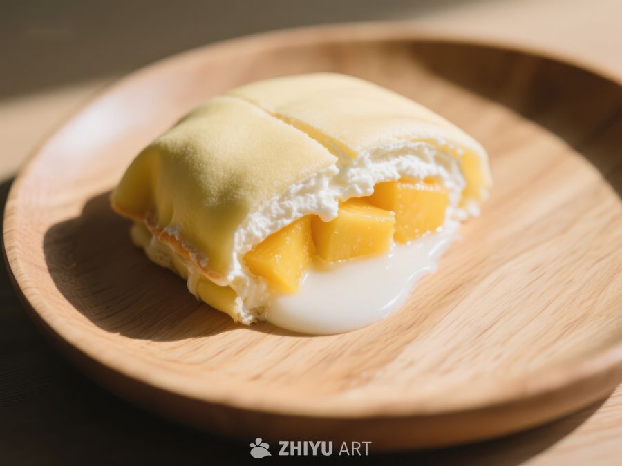 芒果奶油甜点，木盘盛放