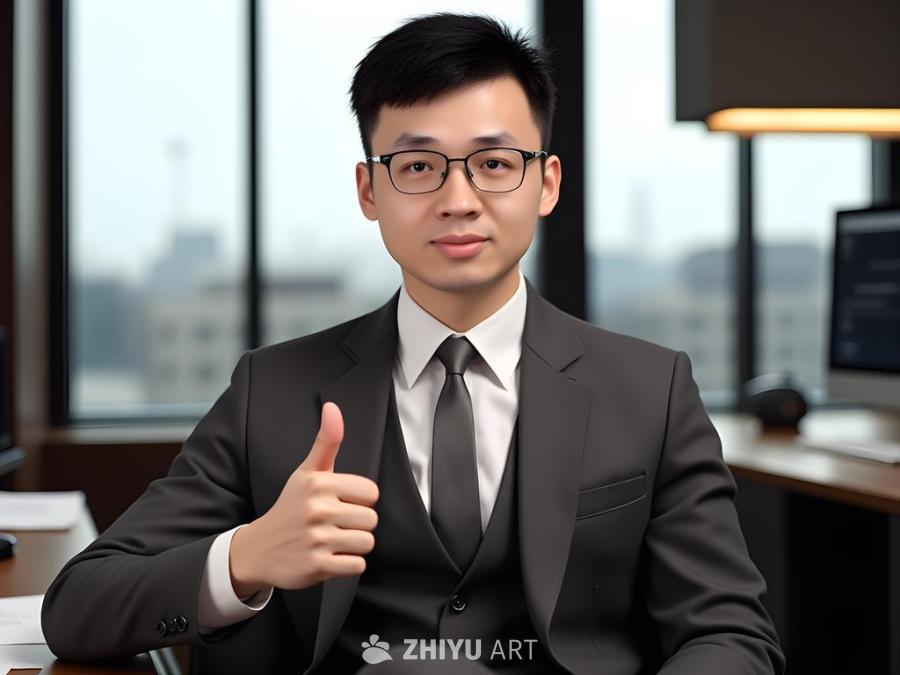 一个穿着黑色西装的男子，戴着眼镜，坐在办公桌前，竖