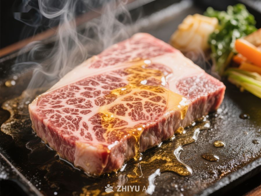 煎烤雪花牛肉，热油滋滋冒烟