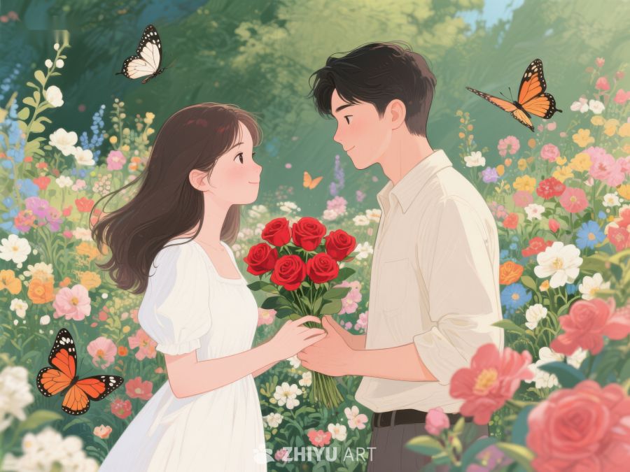 花丛中情侣互赠玫瑰 328