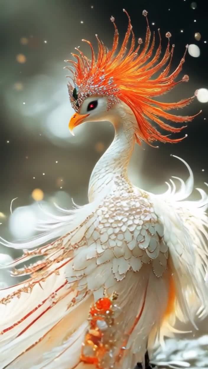 头戴橙色头饰的白色奇幻鸟类