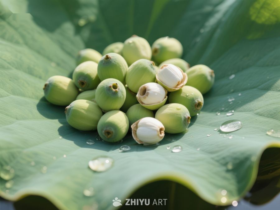 莲蓬静卧荷叶之上，水珠点缀 159