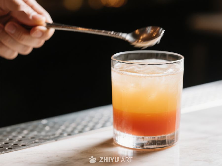 调酒师用勺搅拌橙色鸡尾酒 133