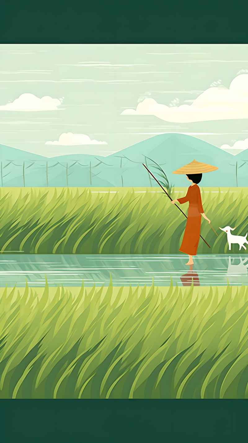 女人站在稻田与狗绿色插画 15