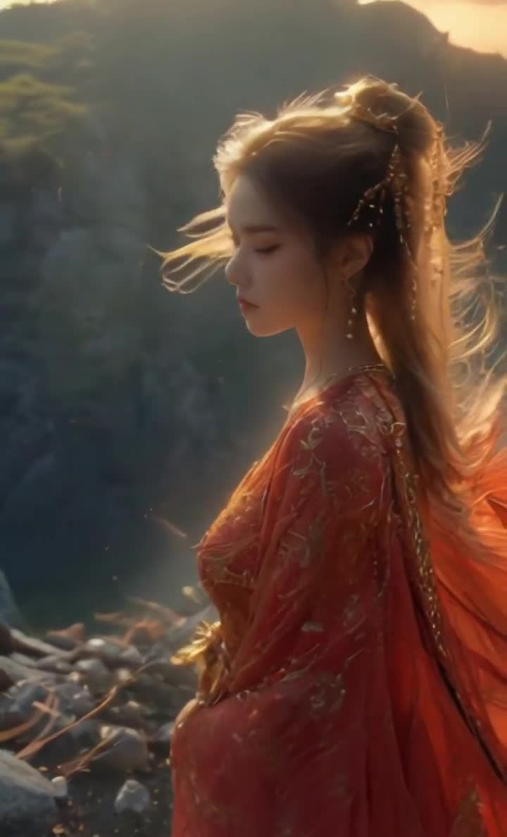 山石红袍女子金色刺绣长发星光