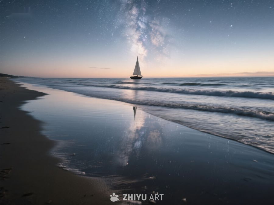 星空下的帆船与沙滩倒影 165