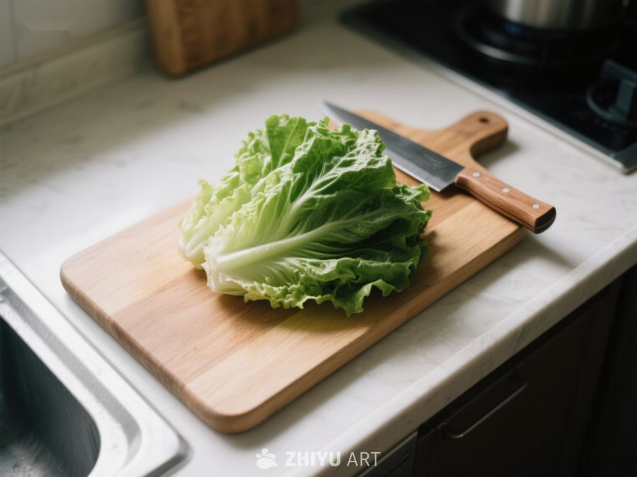 生菜置于砧板上，厨房一角 325