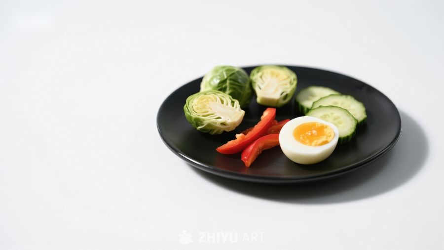 黑盘上的蔬菜与煮蛋