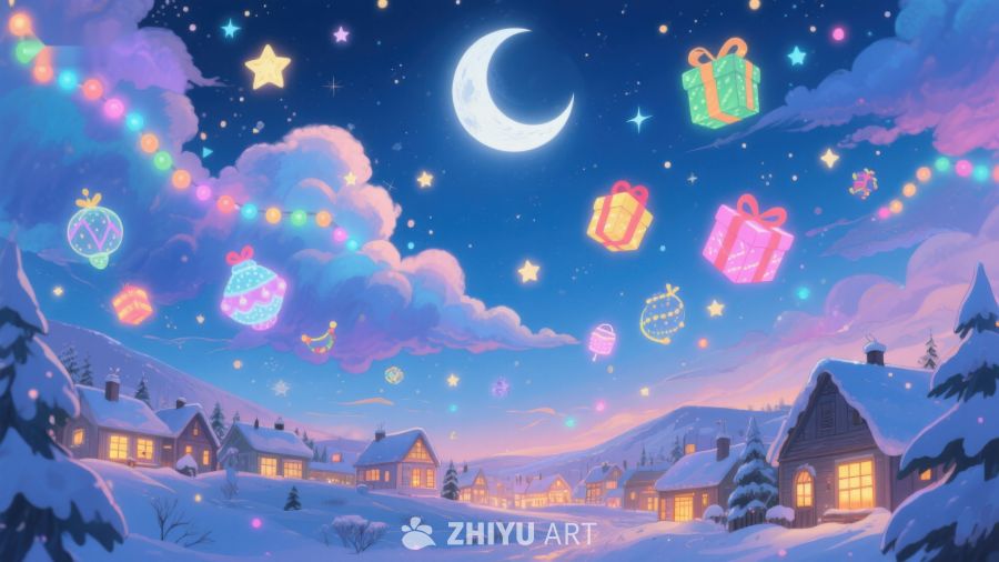 梦幻冬夜，礼物飘浮在星空下 144