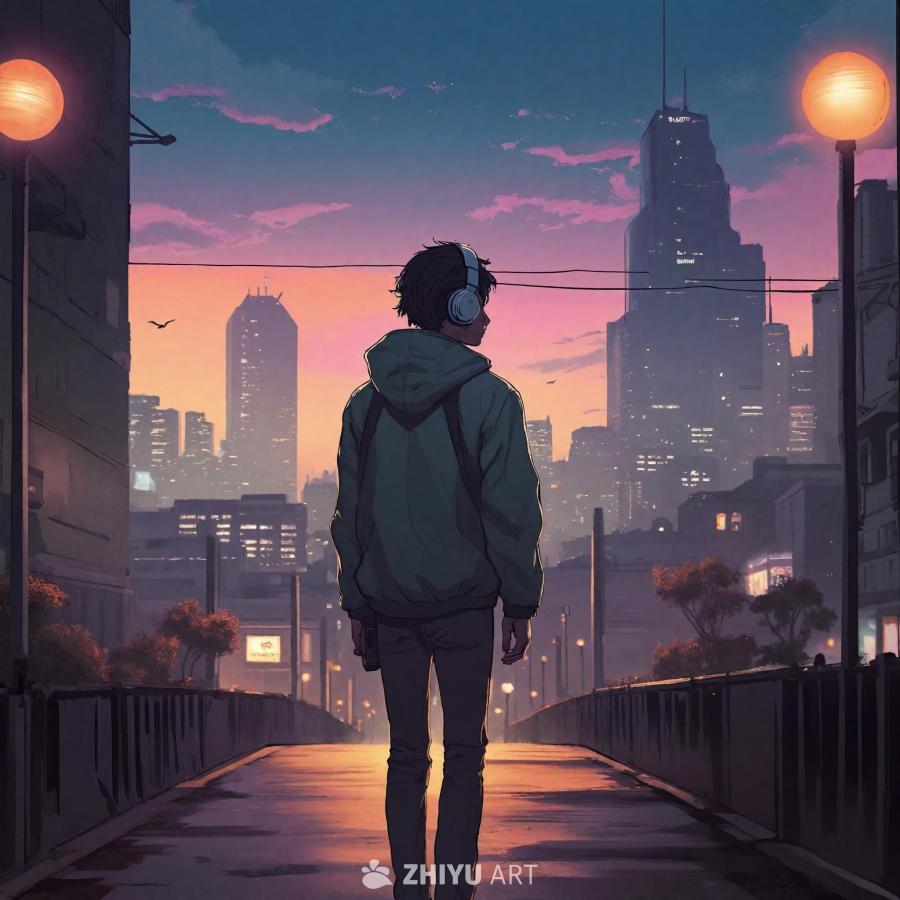 一个年轻男子戴着耳机，穿着绿色外套，走在城市的一座