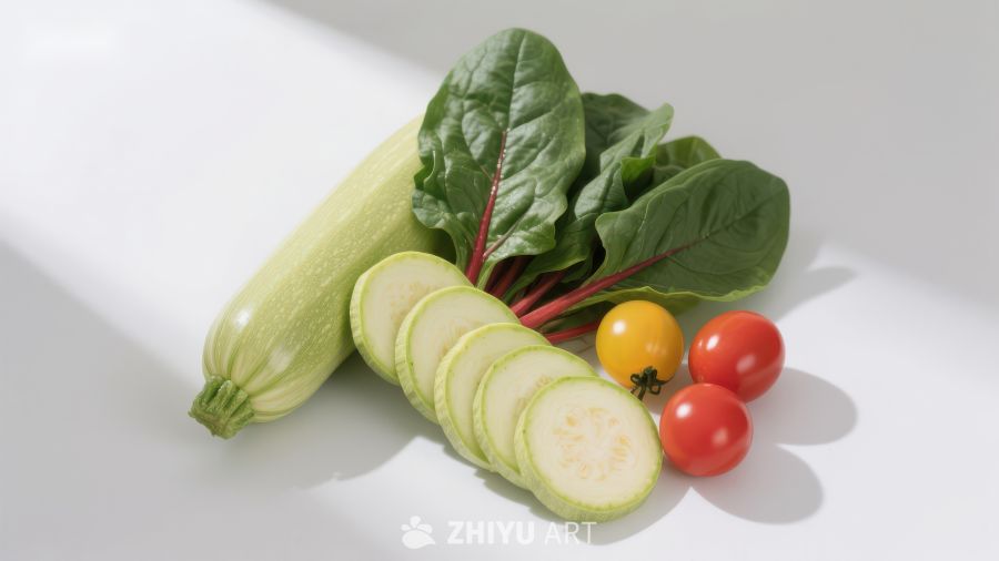 新鲜蔬菜组合：西葫芦、樱桃番茄与绿叶菜