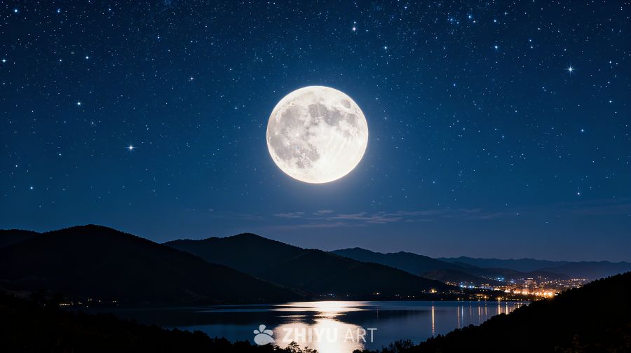浪漫梦幻蓝色中秋月夜山景背景 5