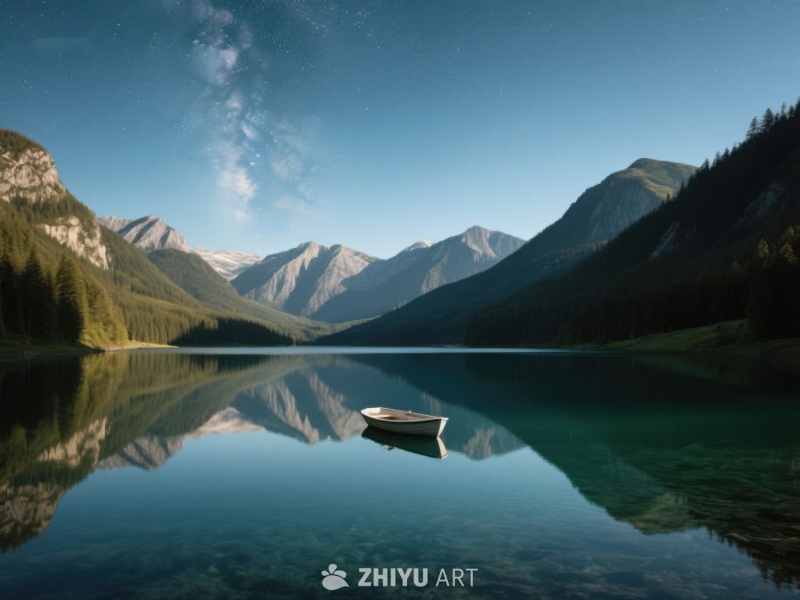 静谧湖面孤舟映山 37