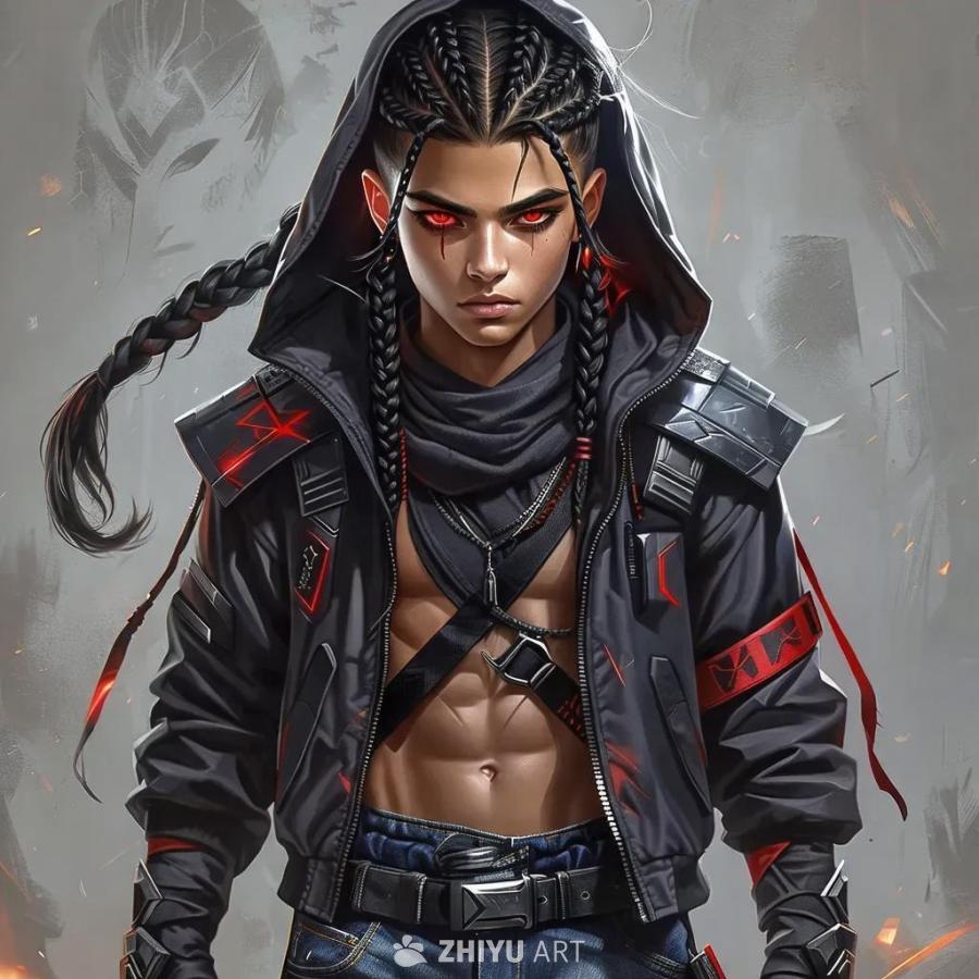 一个英俊的男子，头发编成辫子。他是青少年，有恶魔般