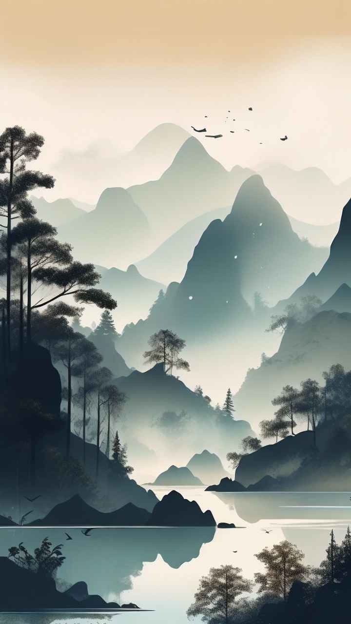 国风水彩画山水风景插画 52