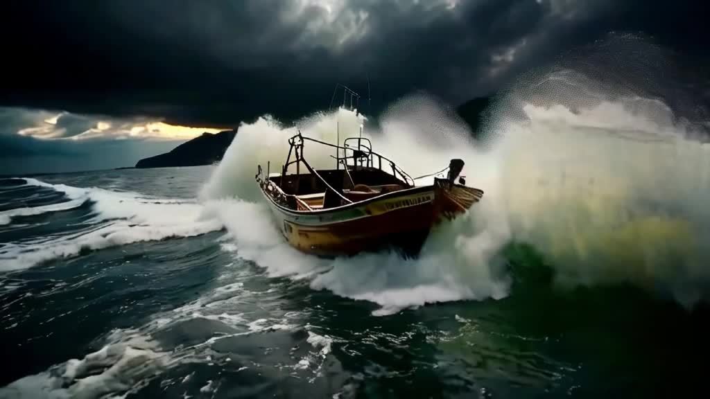 一艘渔船正在波涛汹涌的海浪中驶向海岸。天空乌云密布