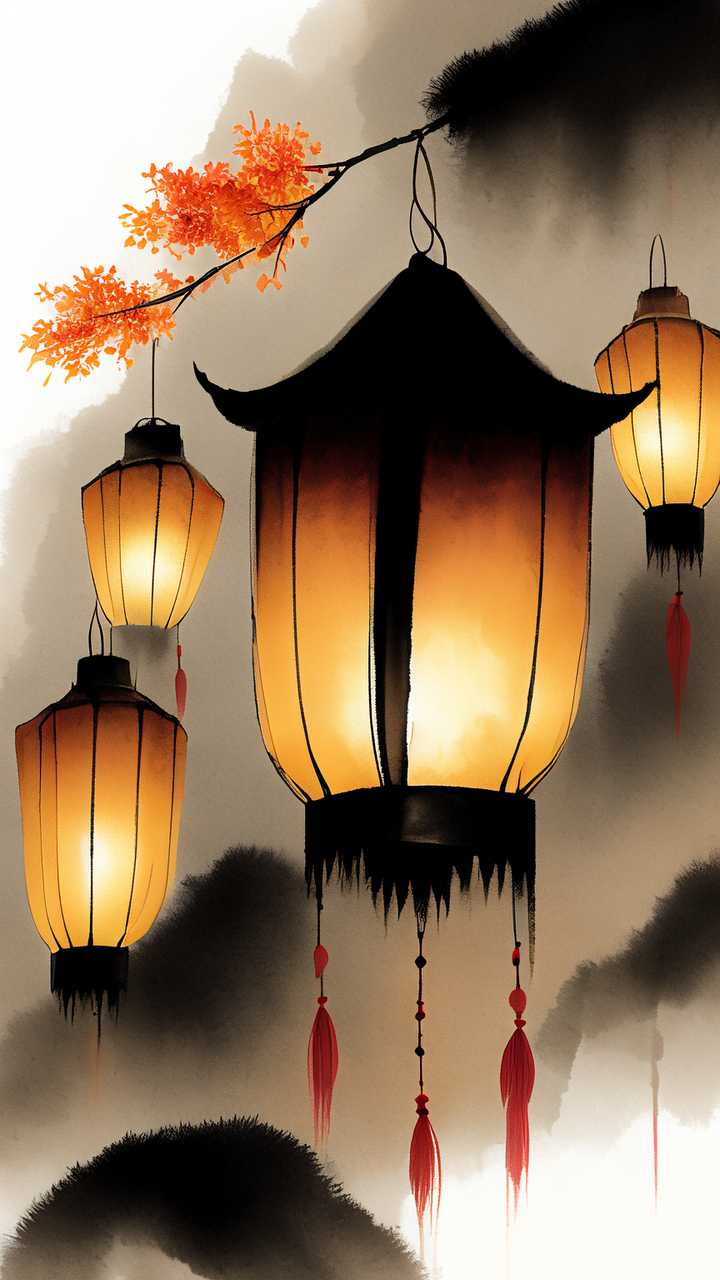 唯美中元节河灯原创插画素材背景
