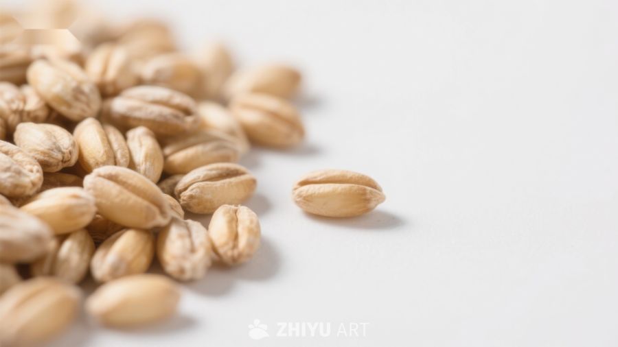 金黄色麦粒散落于白色背景