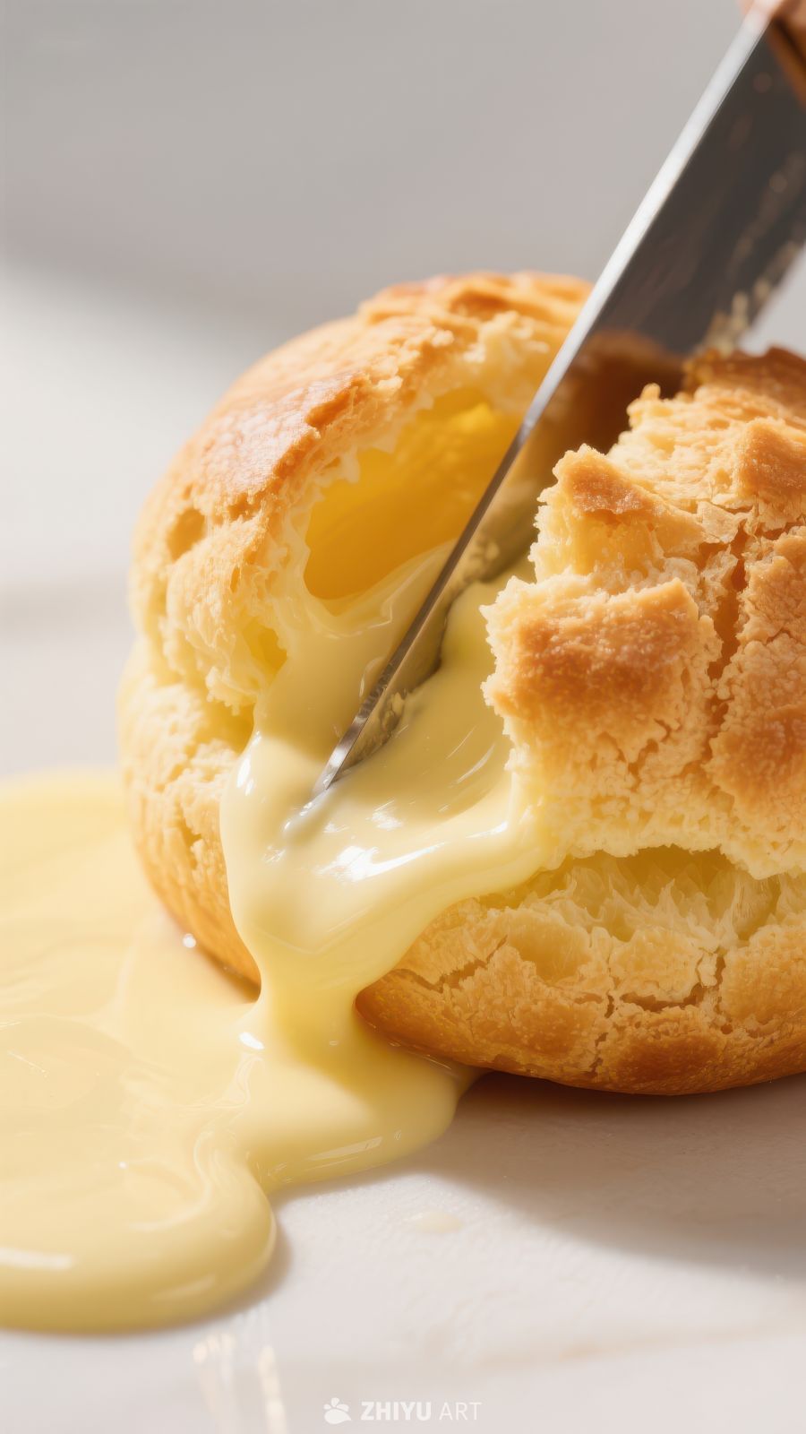 奶油泡芙切开，蛋奶酱流出