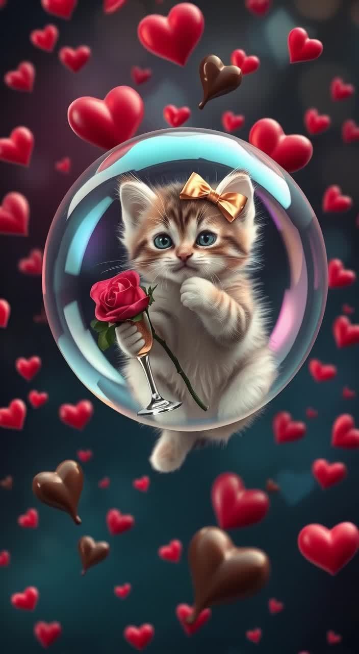 气泡内有一只小猫，爪子里拿着一支玫瑰花和一个酒杯，