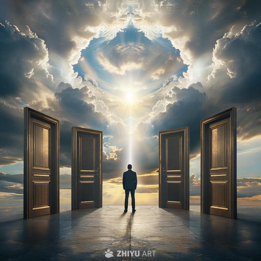 一位身穿西装的男士站在石板地上，面前有四扇木门。男