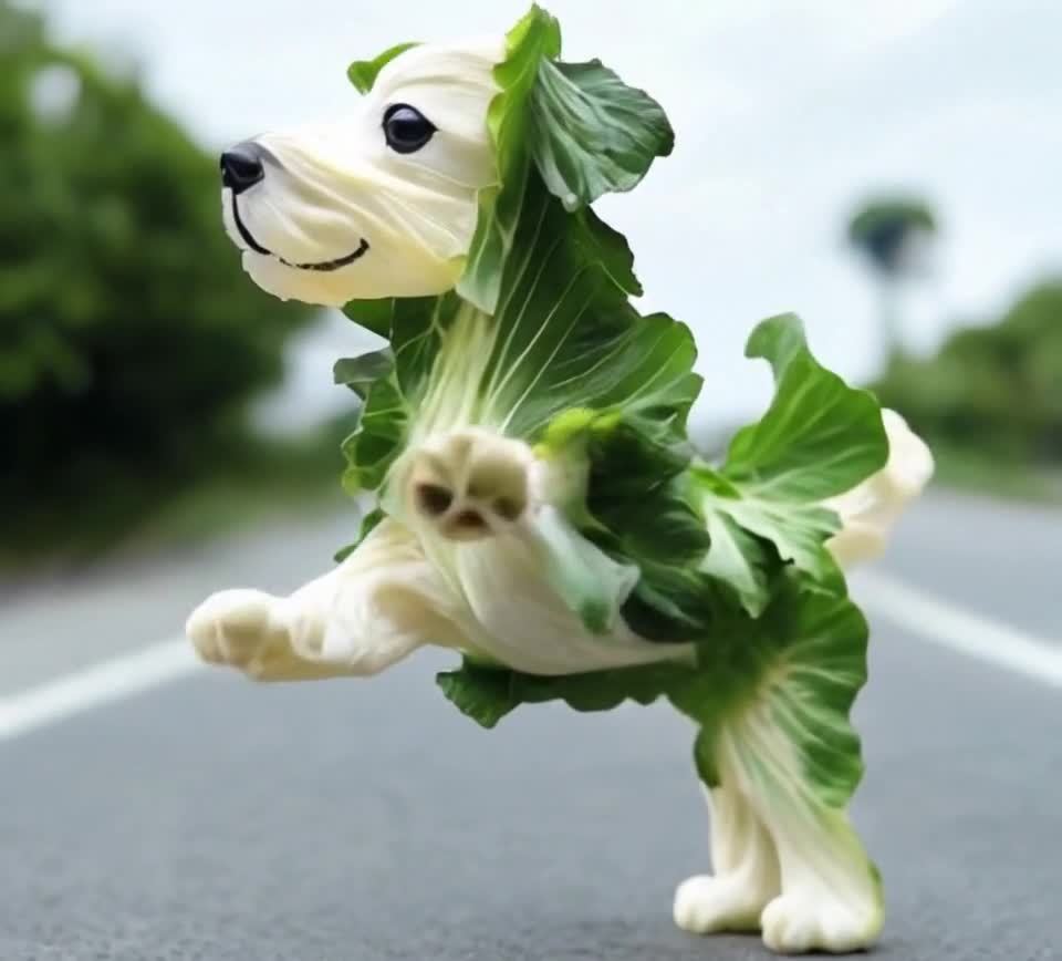 白菜叶拼接的可爱小狗在马路上