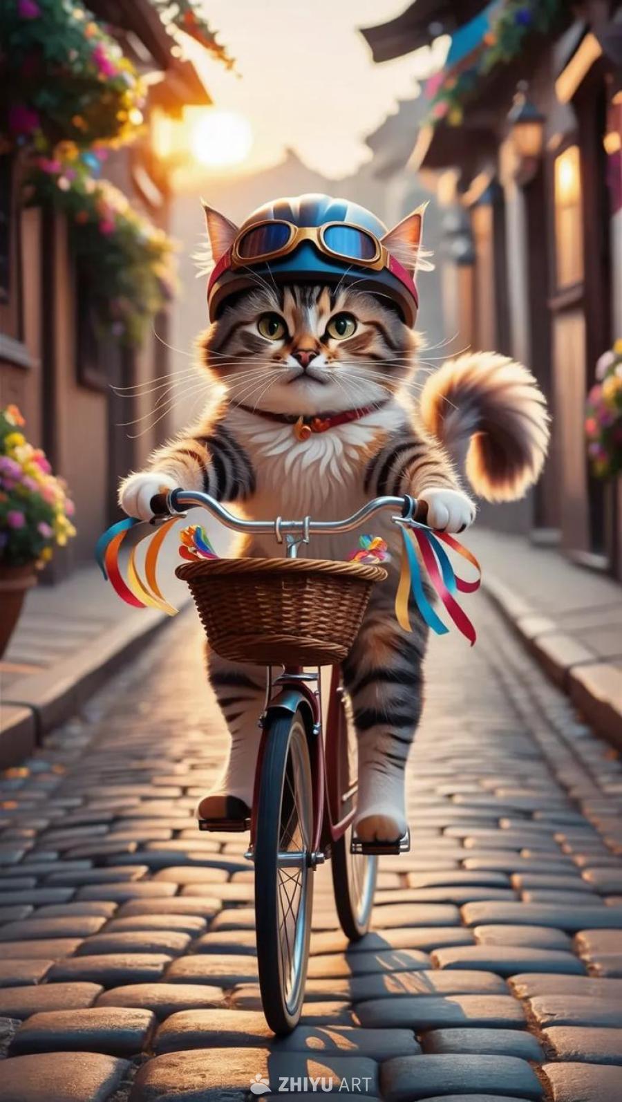 一只猫戴着头盔和护目镜，骑在一辆红色自行车上，自行