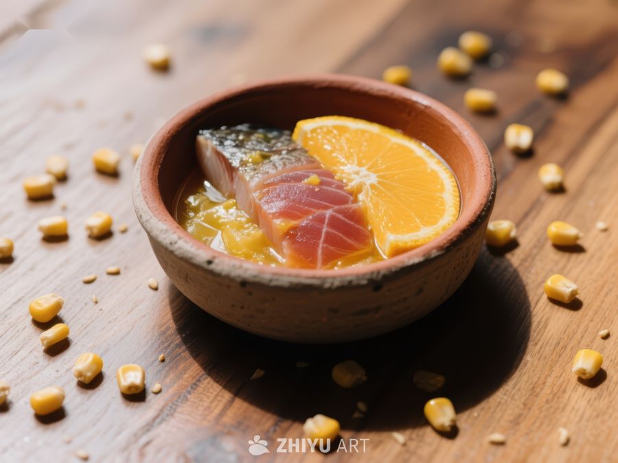 橙片鱼肉碗配玉米粒 55
