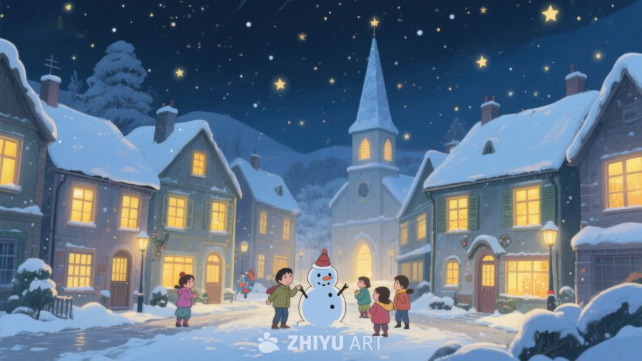 冬夜小镇，雪人与孩子们 87