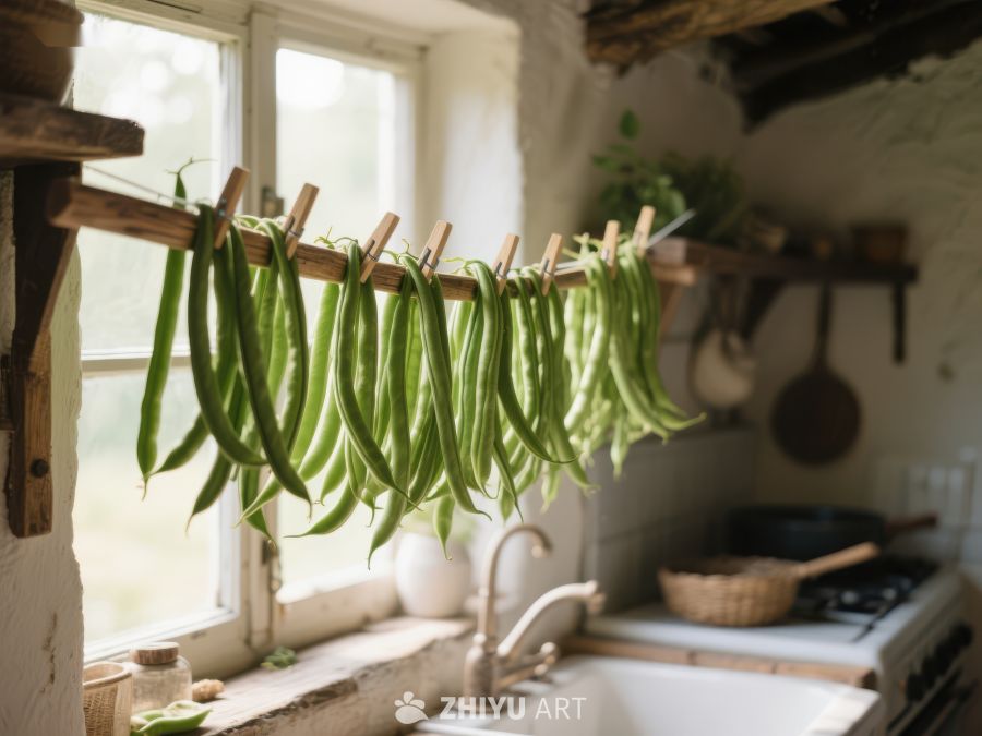 厨房窗前悬挂的绿色豆角 75