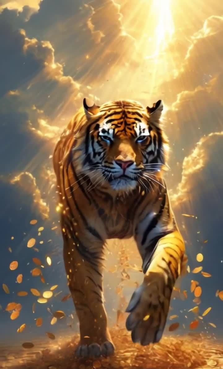 一只金色的老虎迈着步子走来，背景是金色的阳光和云朵