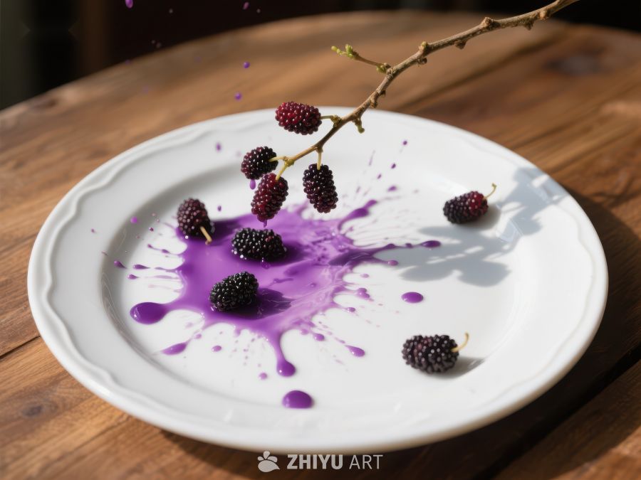 黑莓掉落盘中，紫色汁液四溅 266