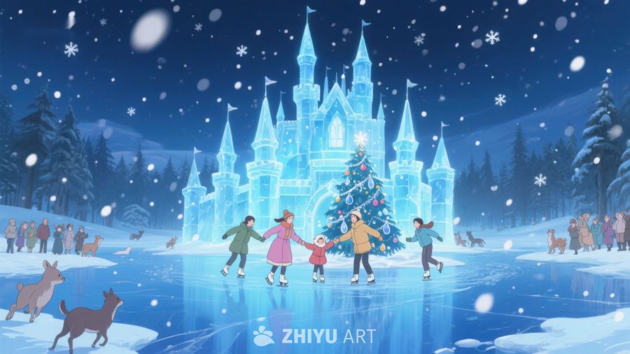 冬夜冰宫前的欢乐滑冰场景 18