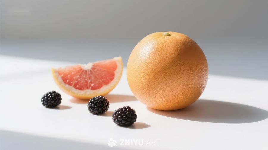葡萄柚与黑莓的静物组合