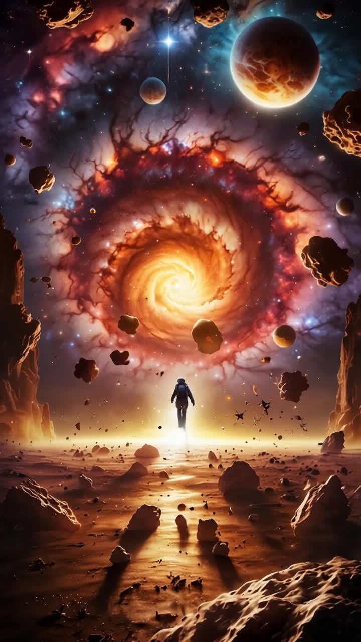 宇航员观看一个巨大的、缓慢旋转的螺旋星系，它发出橙